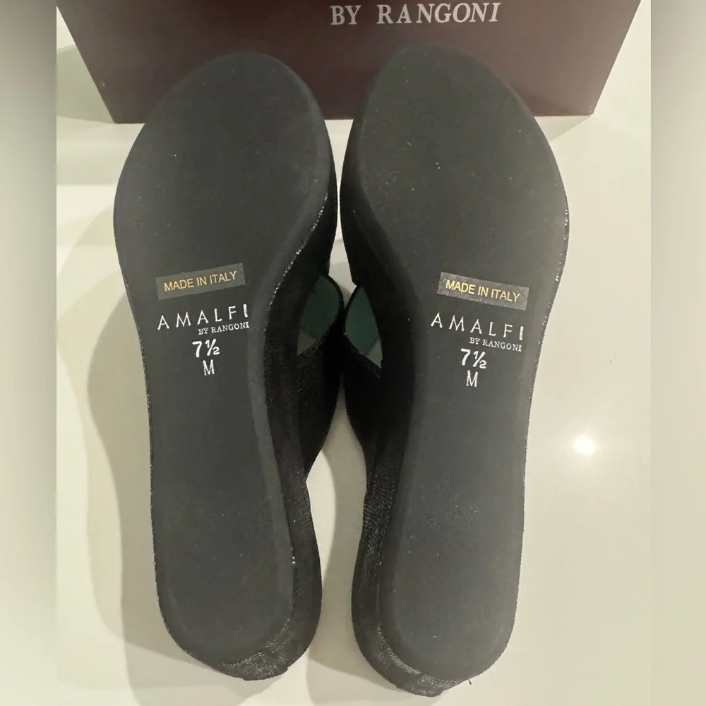Amalfi by Rangoni Italy Leather Comfort Wedge Slide Sandals Black 7.5
